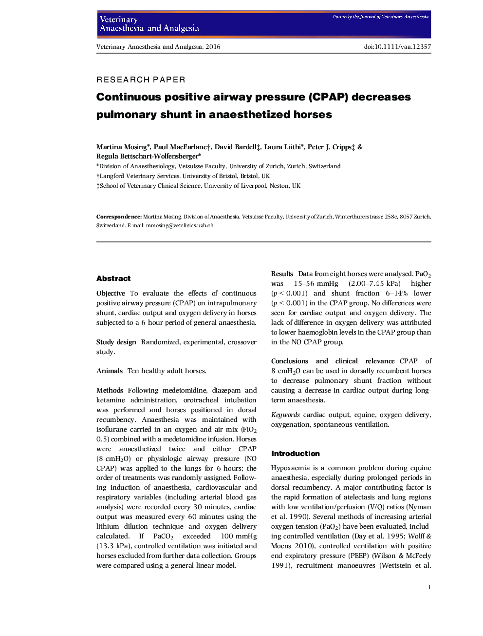 Continuous positive airway pressure (CPAP) decreases pulmonary shunt in anaesthetized horses