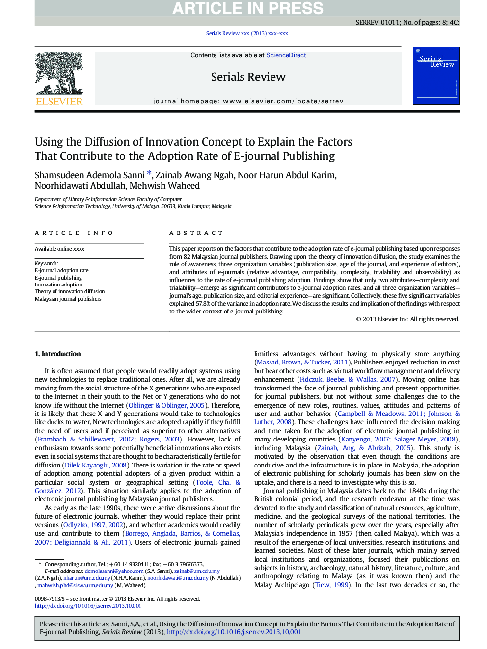 Using the Diffusion of Innovation Concept to Explain the Factors That Contribute to the Adoption Rate of E-journal Publishing