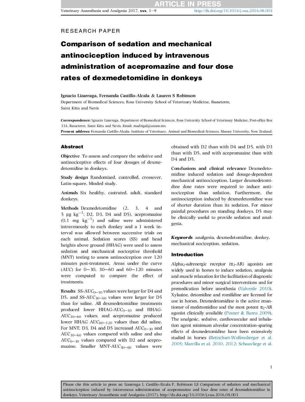 Comparison of sedation and mechanical antinociception induced by intravenous administration of acepromazine and four dose rates of dexmedetomidine in donkeys