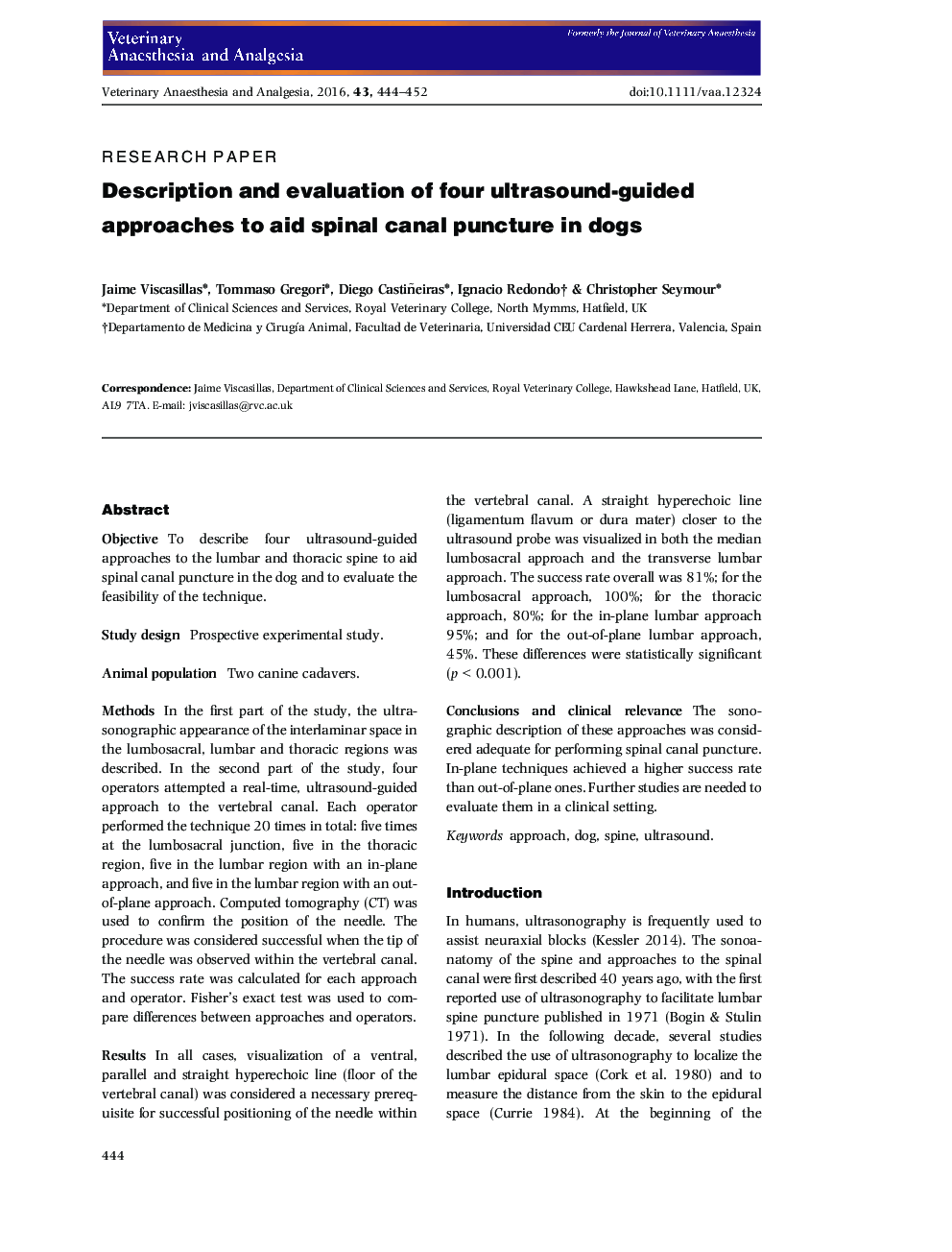 Description and evaluation of four ultrasound-guided approaches to aid spinal canal puncture in dogs