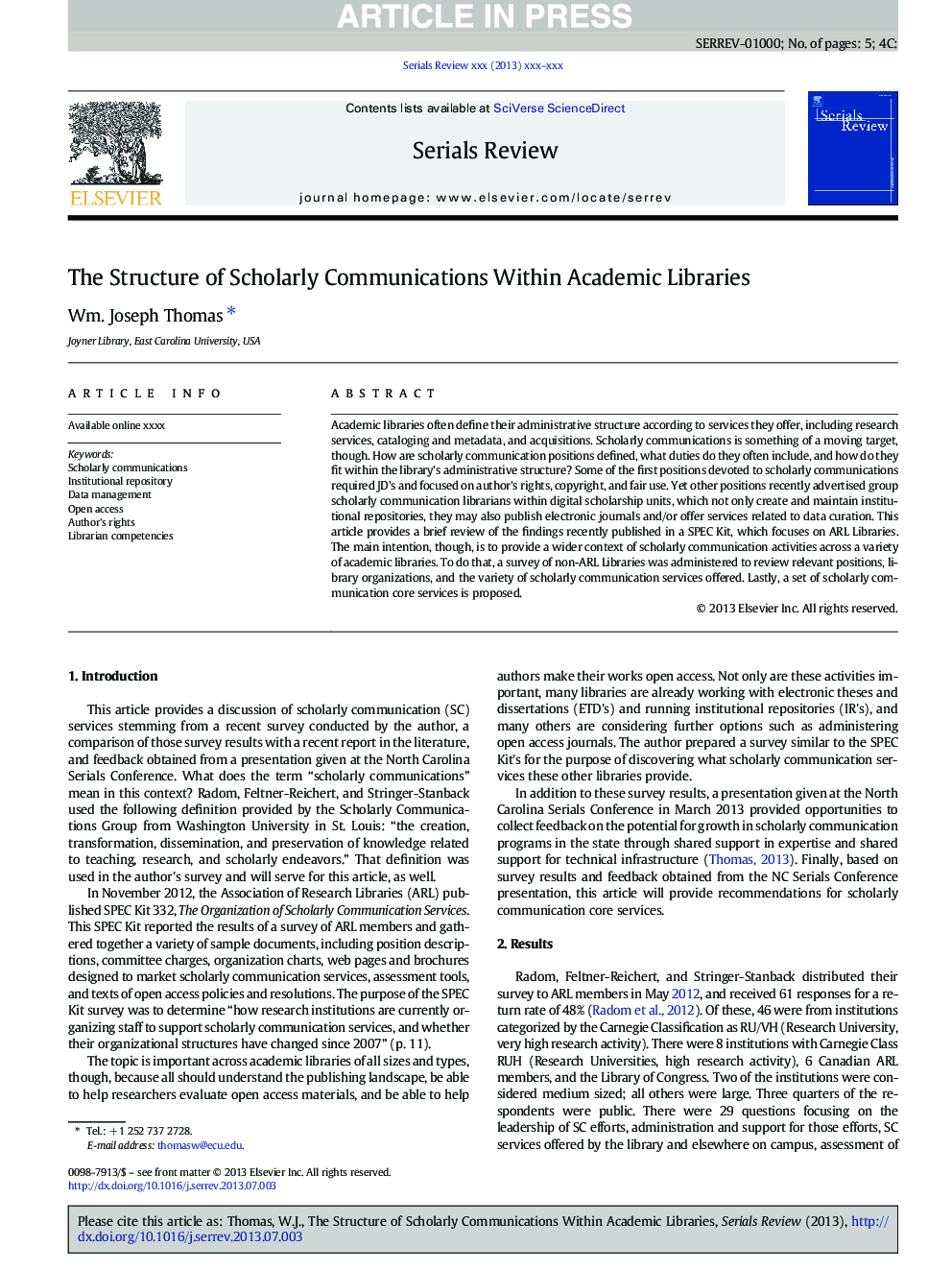 The Structure of Scholarly Communications Within Academic Libraries