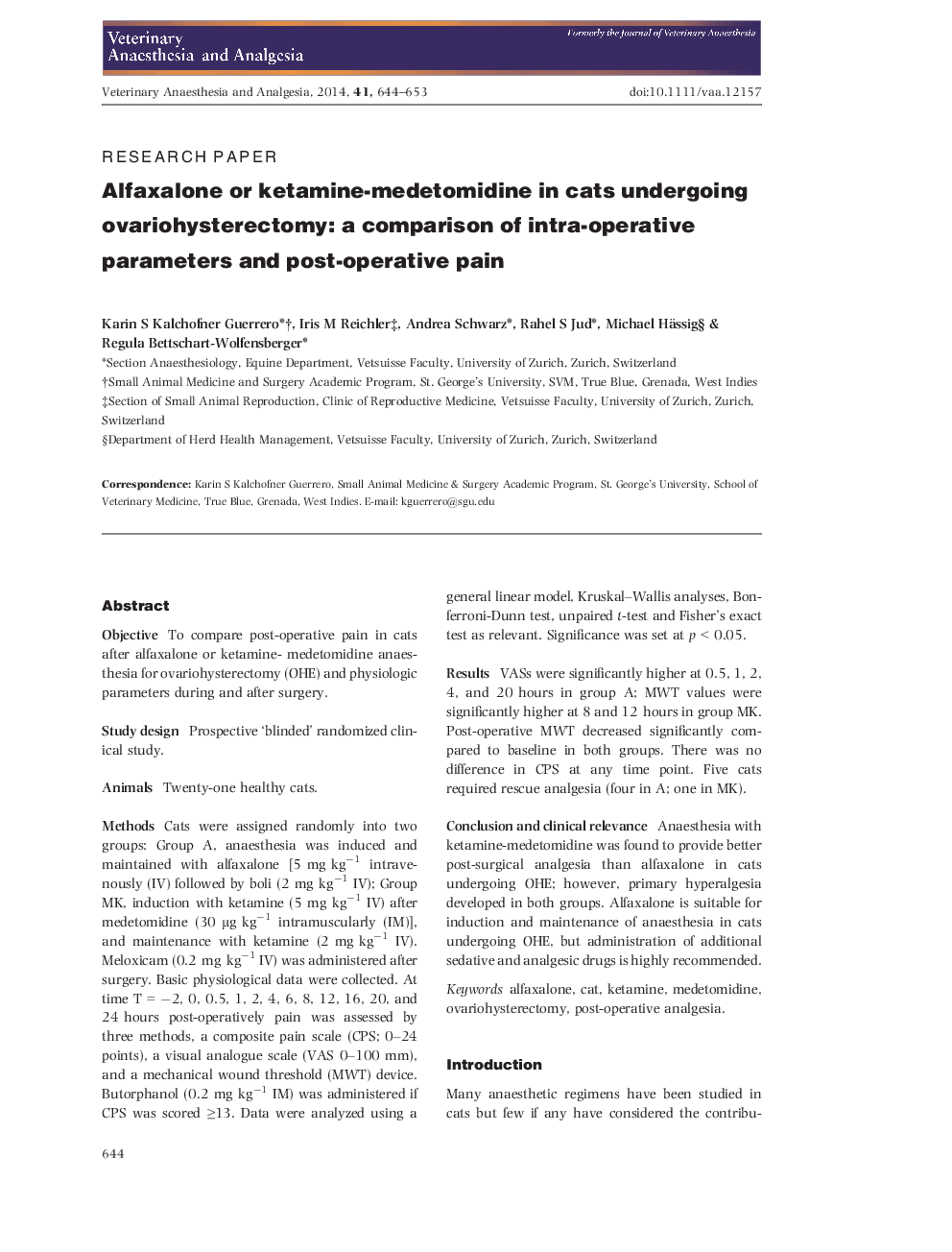 Alfaxalone or ketamine-medetomidine in cats undergoing ovariohysterectomy: a comparison of intra-operative parameters and post-operative pain