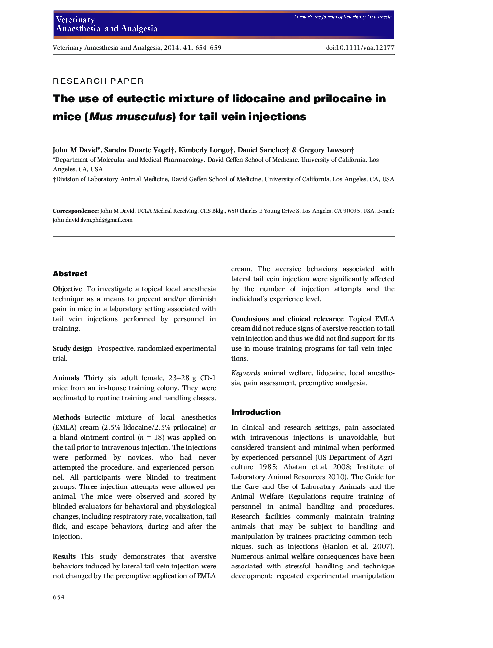 The use of eutectic mixture of lidocaine and prilocaine in mice (Mus musculus) for tail vein injections