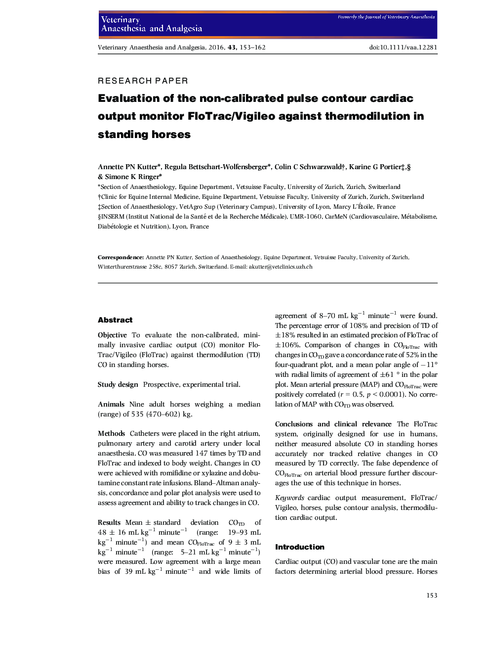 Evaluation of the non-calibrated pulse contour cardiac output monitor FloTrac/Vigileo against thermodilution in standing horses