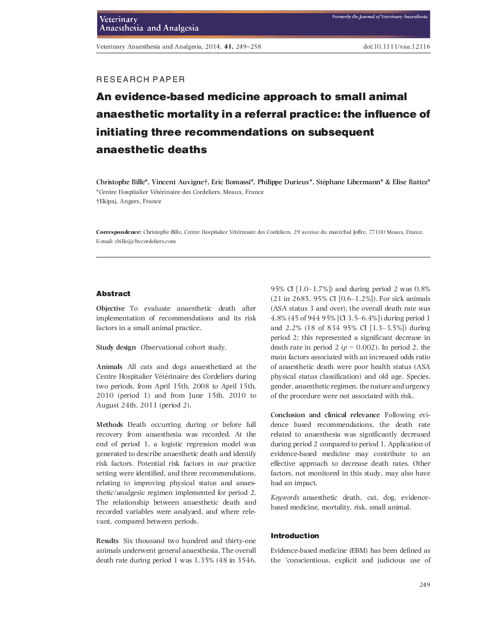 An evidence-based medicine approach to small animal anaesthetic mortality in a referral practice: the influence of initiating three recommendations on subsequent anaesthetic deaths