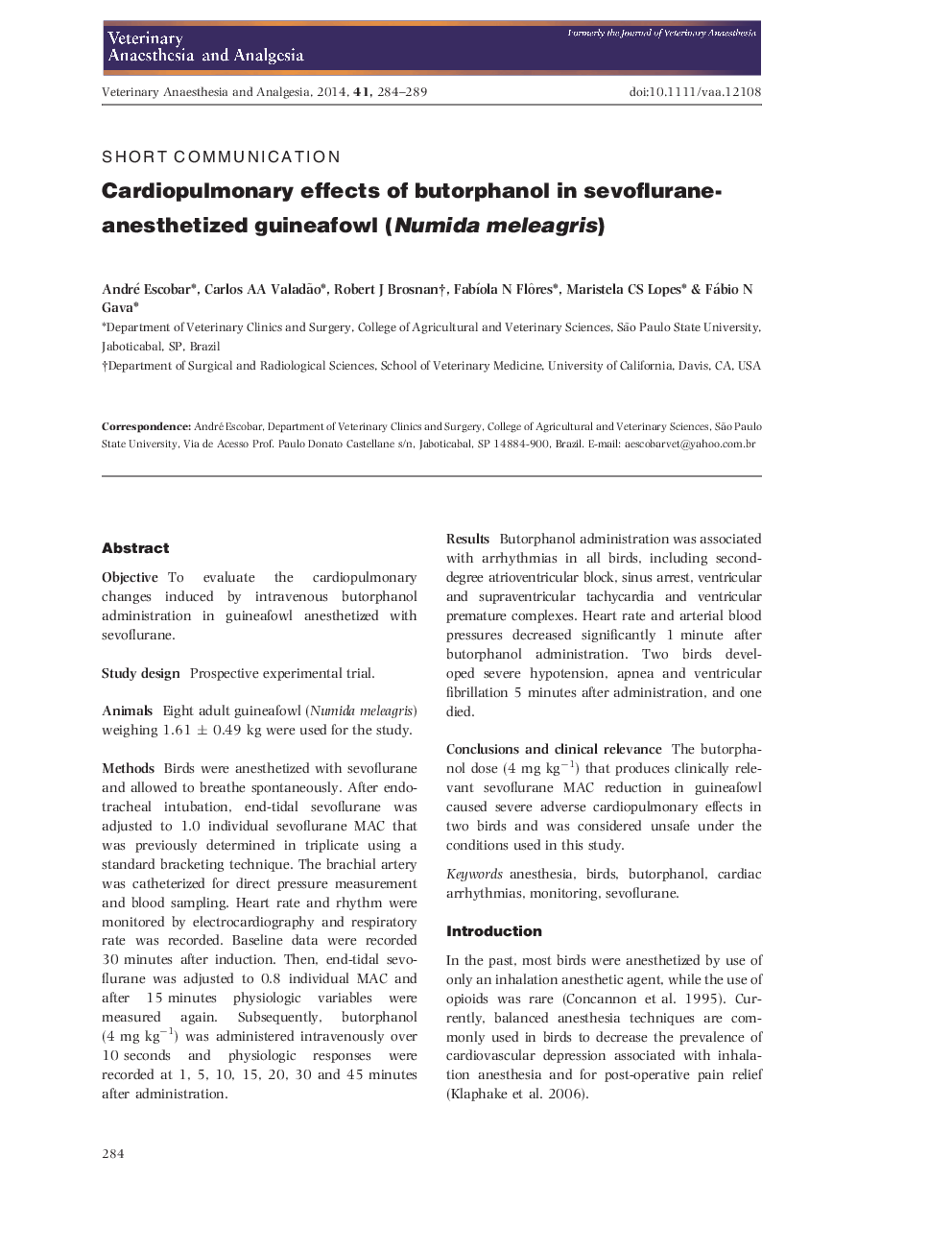 Cardiopulmonary effects of butorphanol in sevoflurane-anesthetized guineafowl (Numida meleagris)