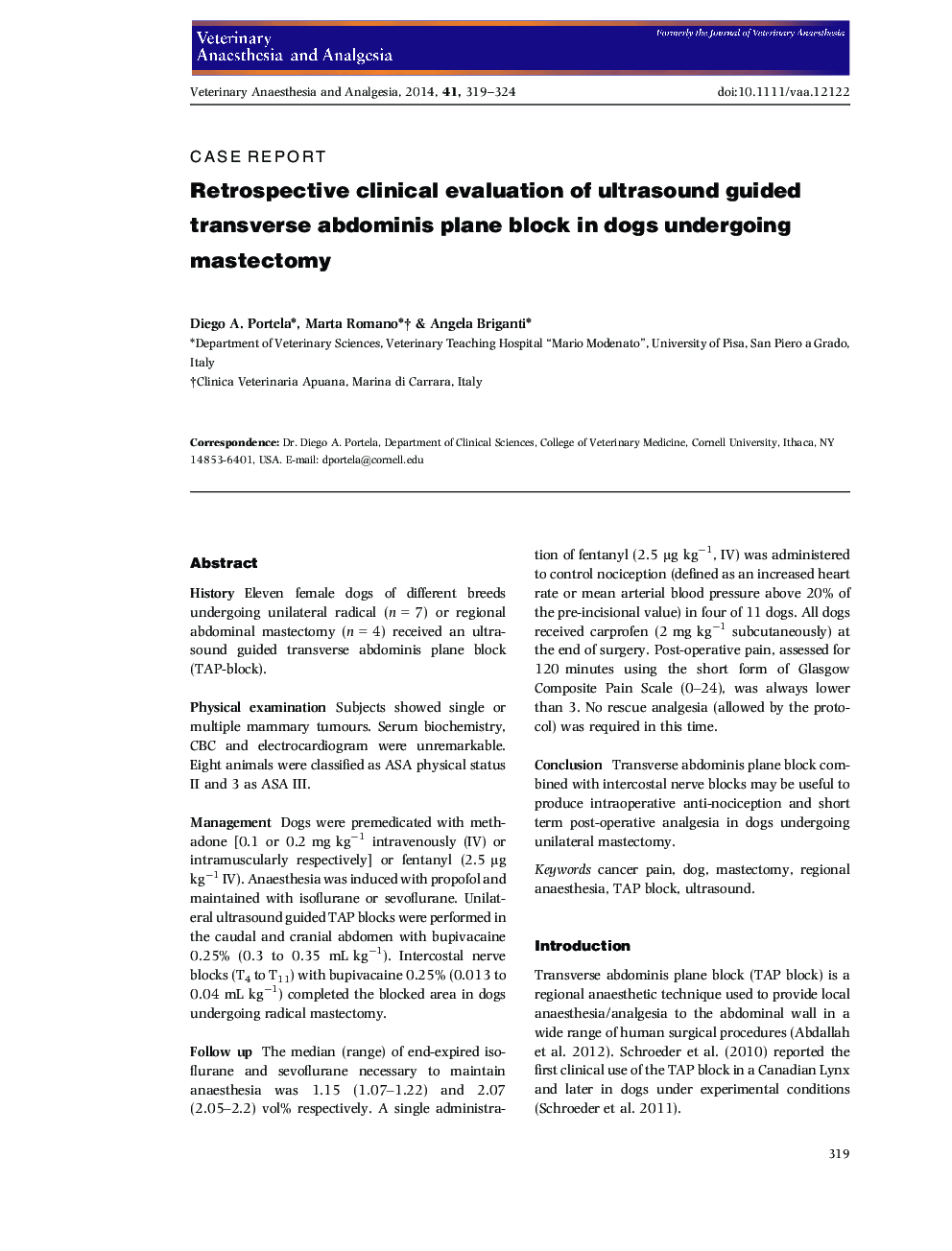 Retrospective clinical evaluation of ultrasound guided transverse abdominis plane block in dogs undergoing mastectomy