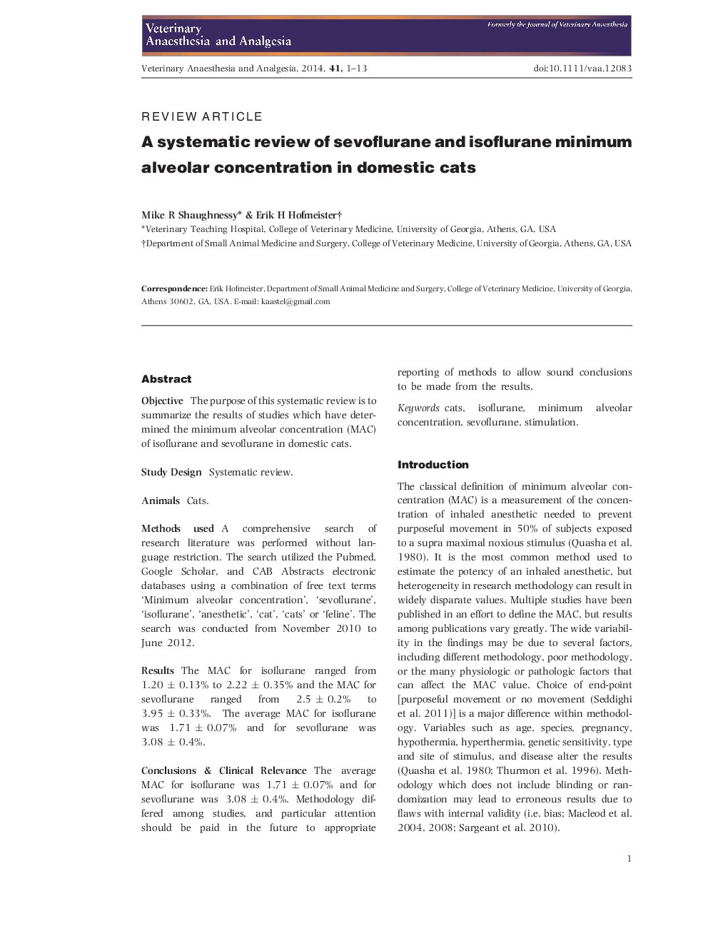 A systematic review of sevoflurane and isoflurane minimum alveolar concentration in domestic cats