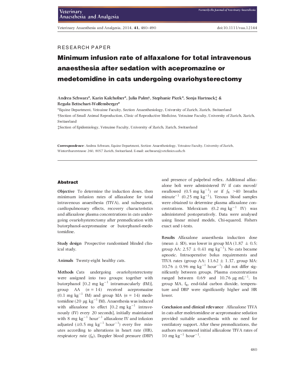 Minimum infusion rate of alfaxalone for total intravenous anaesthesia after sedation with acepromazine or medetomidine in cats undergoing ovariohysterectomy