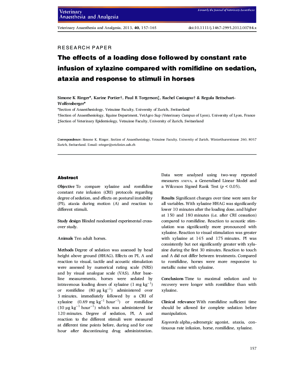 The effects of a loading dose followed by constant rate infusion of xylazine compared with romifidine on sedation, ataxia and response to stimuli in horses