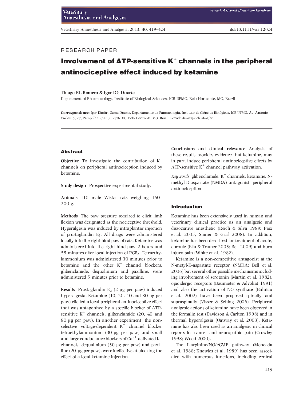 Involvement of ATPâsensitive K+ channels in the peripheral antinociceptive effect induced by ketamine