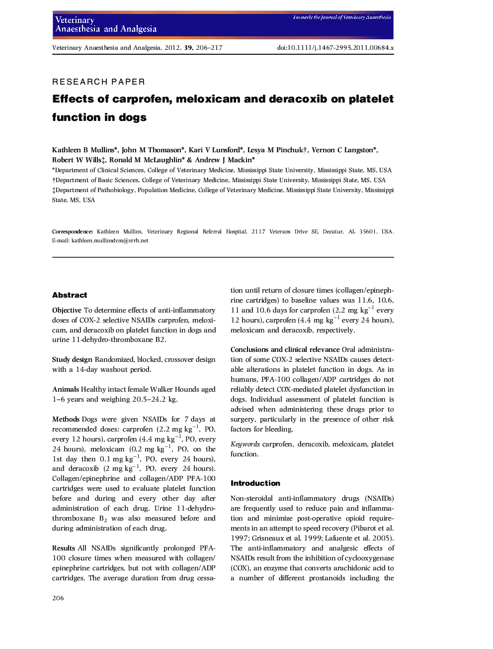 Effects of carprofen, meloxicam and deracoxib on platelet function in dogs