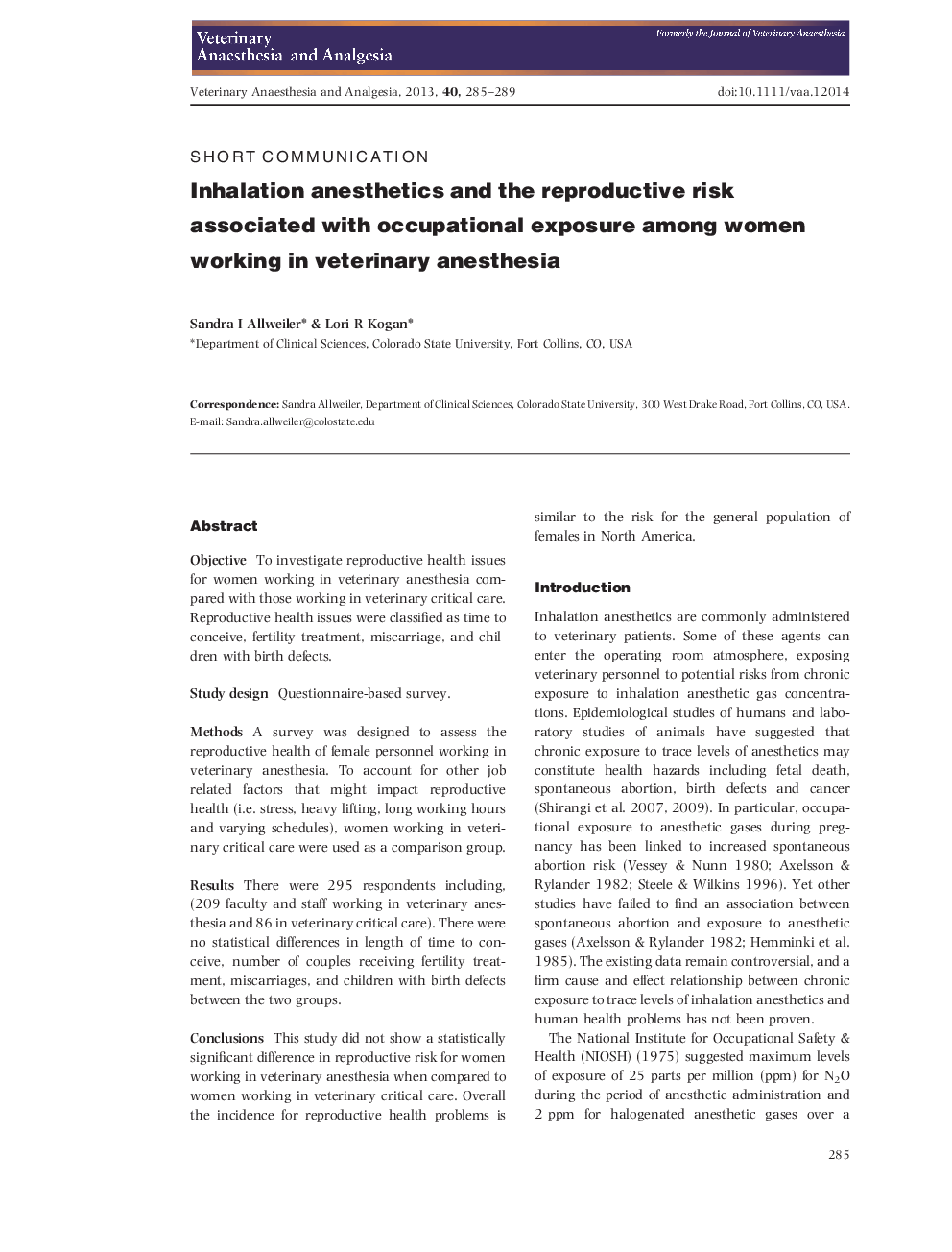 Inhalation anesthetics and the reproductive risk associated with occupational exposure among women working in veterinary anesthesia