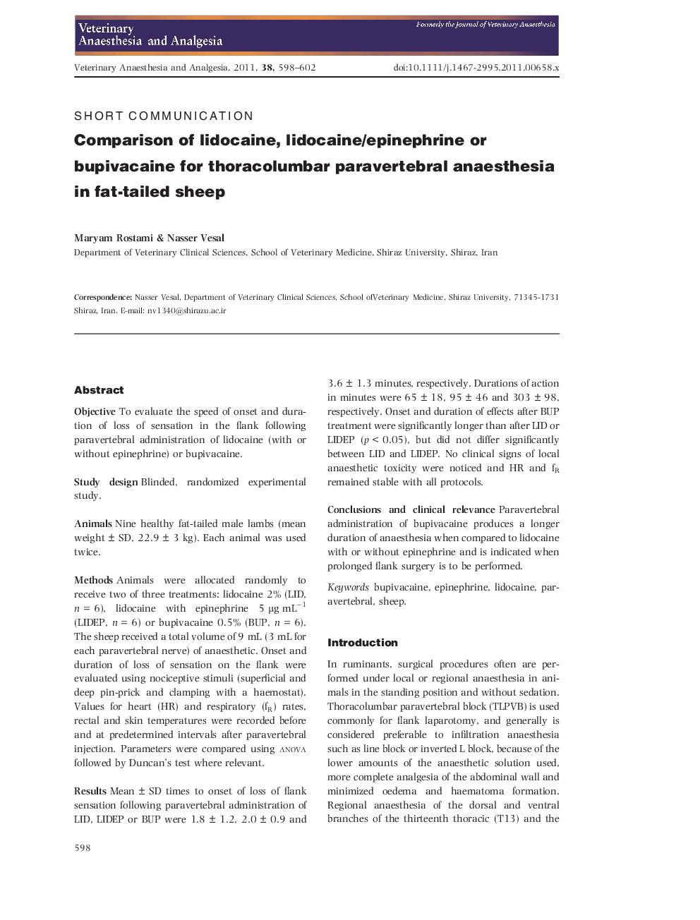 Comparison of lidocaine, lidocaine/epinephrine or bupivacaine for thoracolumbar paravertebral anaesthesia in fat-tailed sheep