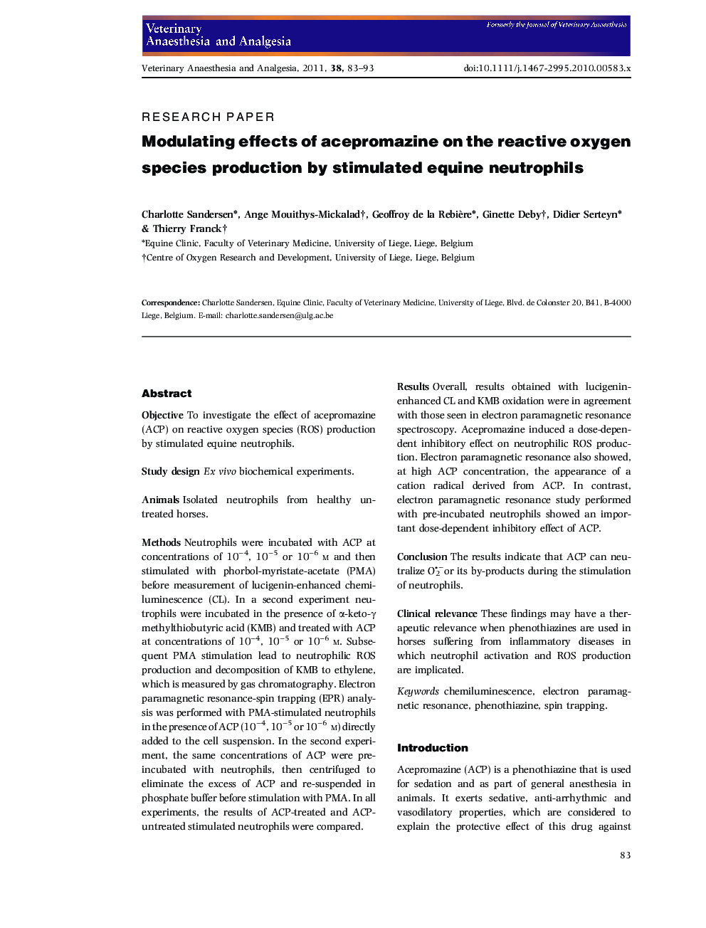 Modulating effects of acepromazine on the reactive oxygen species production by stimulated equine neutrophils