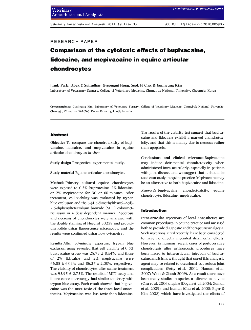 Comparison of the cytotoxic effects of bupivacaine, lidocaine, and mepivacaine in equine articular chondrocytes