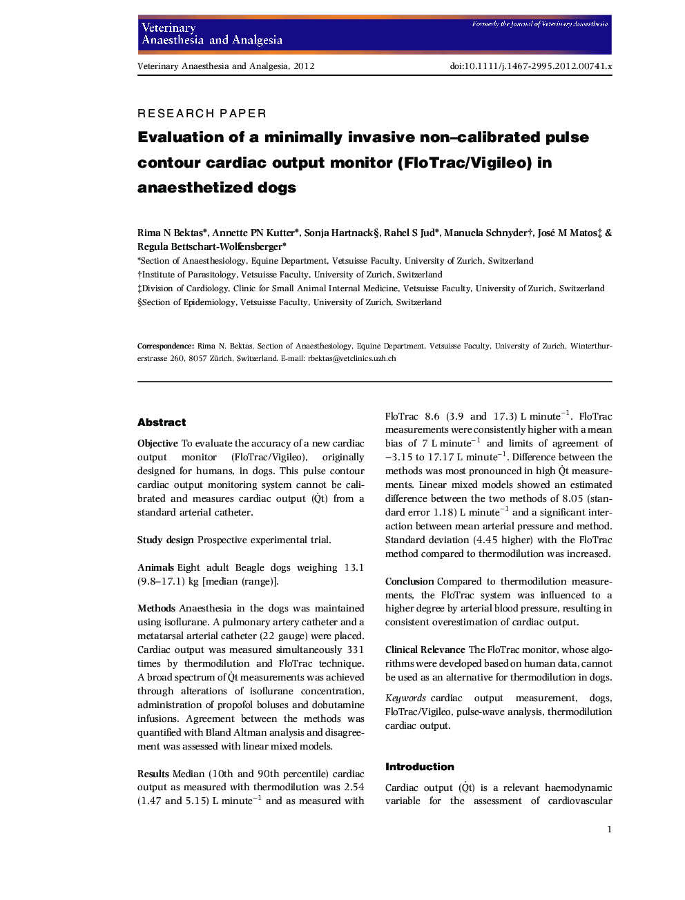 Evaluation of a minimally invasive non-calibrated pulse contour cardiac output monitor (FloTrac/Vigileo) in anaesthetized dogs