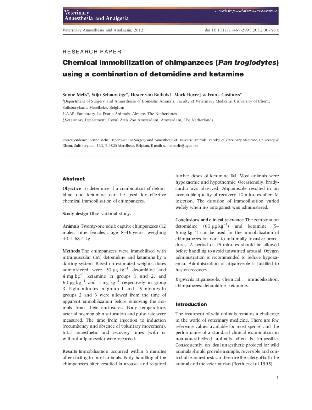 Chemical immobilization of chimpanzees (Pan troglodytes) using a combination of detomidine and ketamine