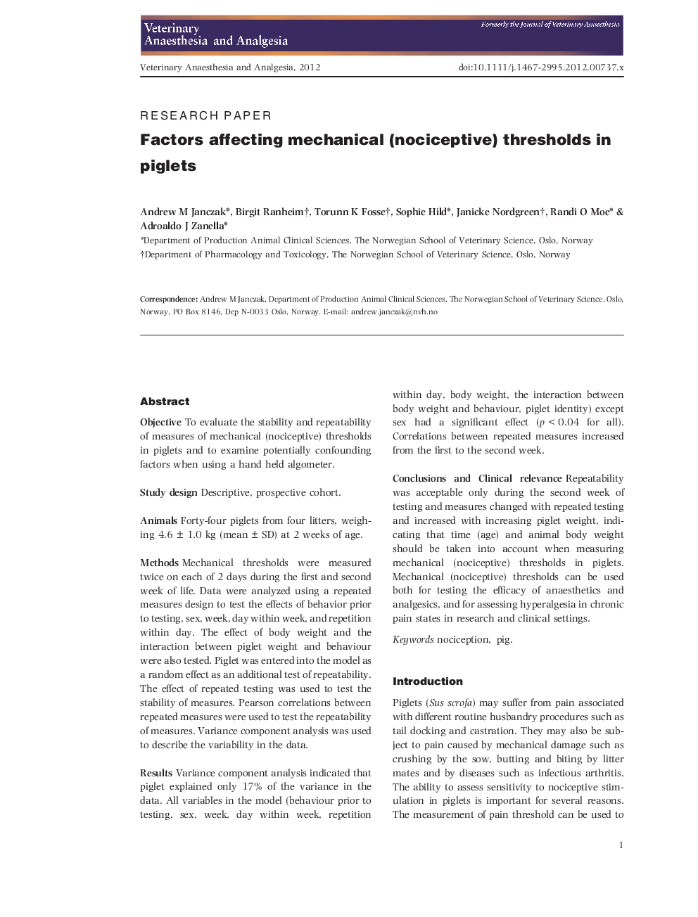 Factors affecting mechanical (nociceptive) thresholds in piglets