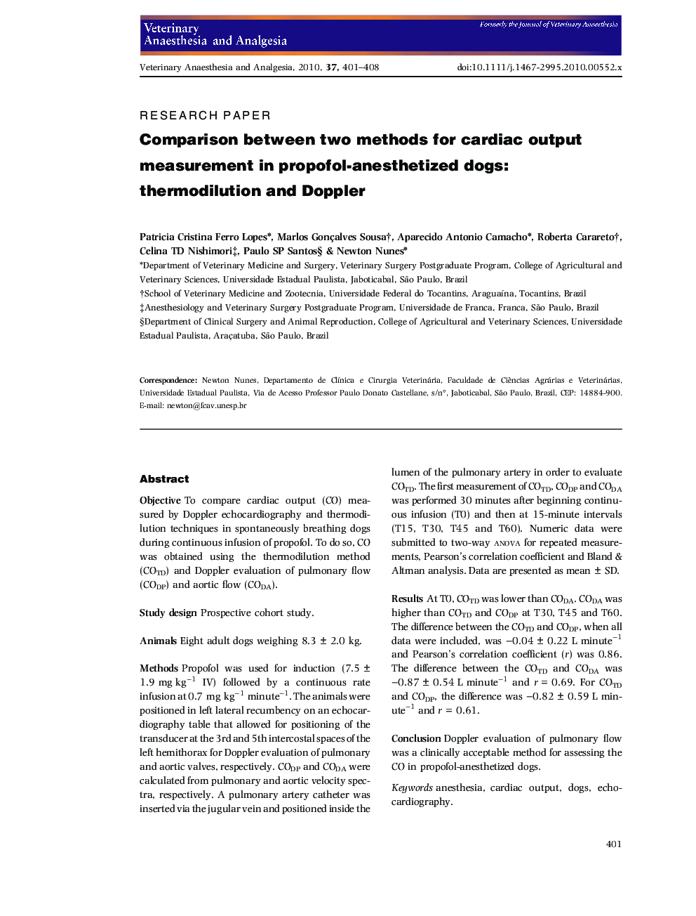 Comparison between two methods for cardiac output measurement in propofolâanesthetized dogs: thermodilution and Doppler