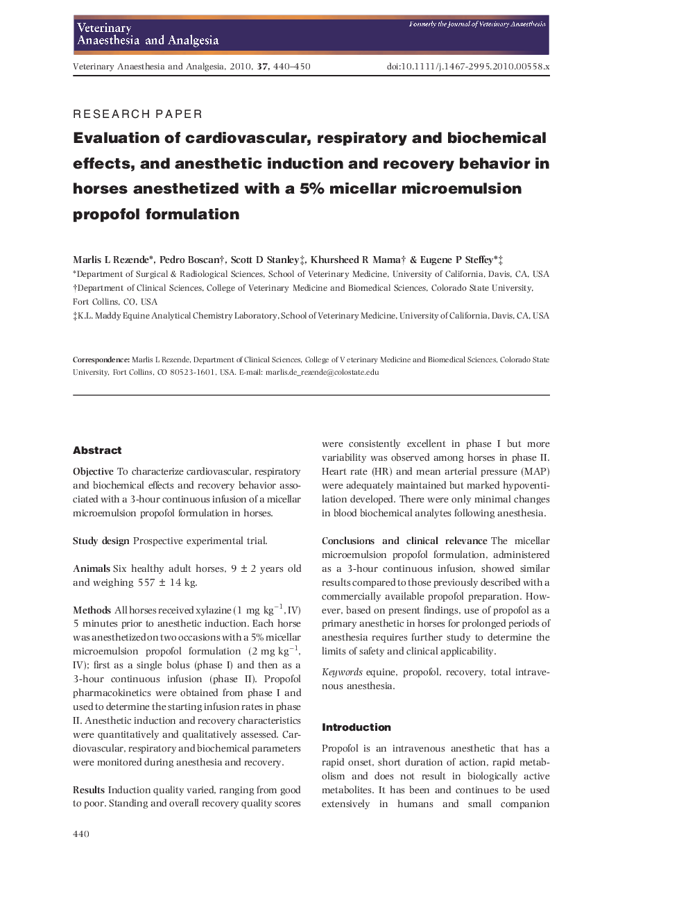 Evaluation of cardiovascular, respiratory and biochemical effects, and anesthetic induction and recovery behavior in horses anesthetized with a 5% micellar microemulsion propofol formulation