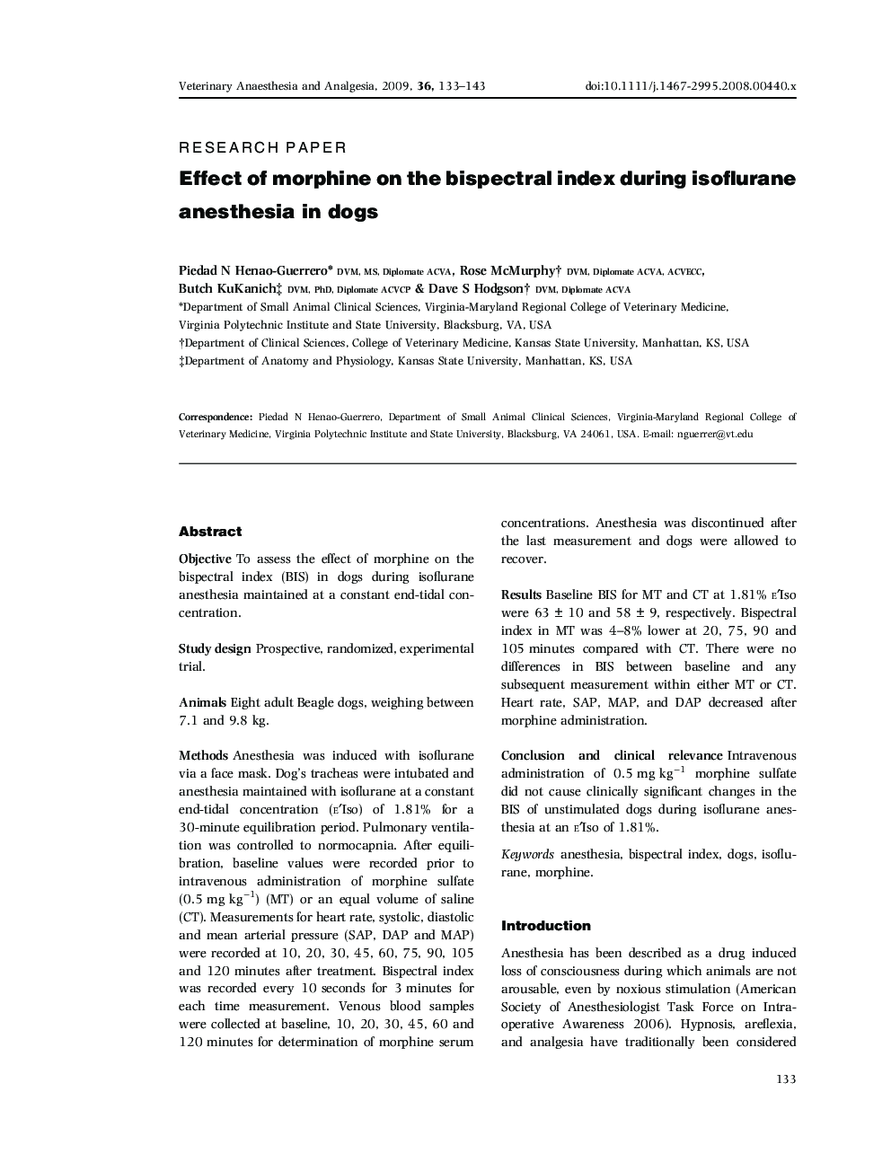 Effect of morphine on the bispectral index during isoflurane anesthesia in dogs