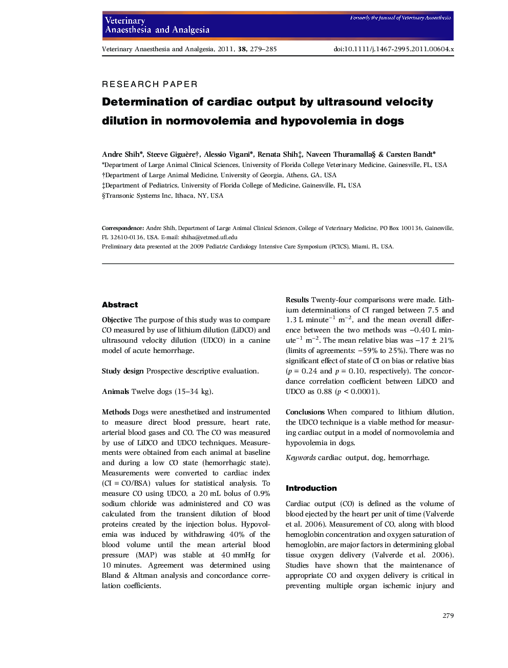 Determination of cardiac output by ultrasound velocity dilution in normovolemia and hypovolemia in dogs