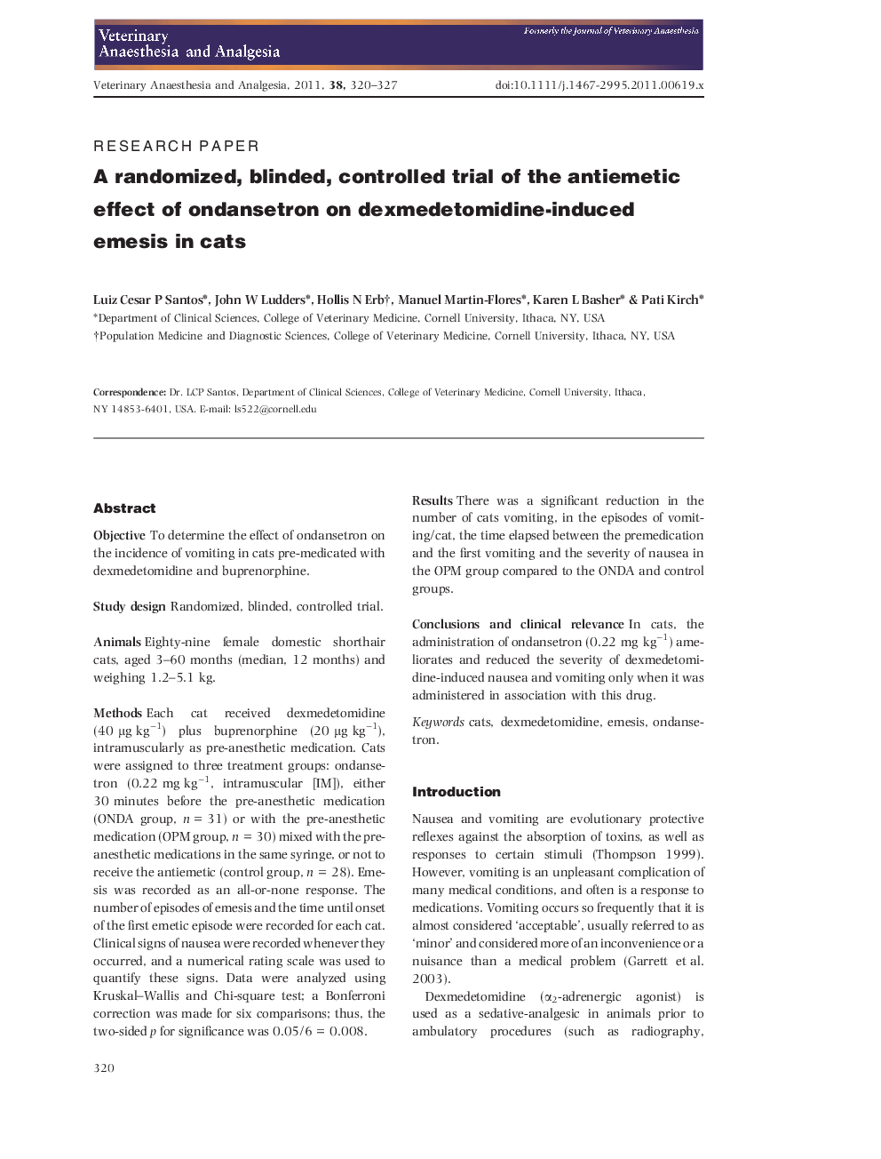 A randomized, blinded, controlled trial of the antiemetic effect of ondansetron on dexmedetomidine-induced emesis in cats