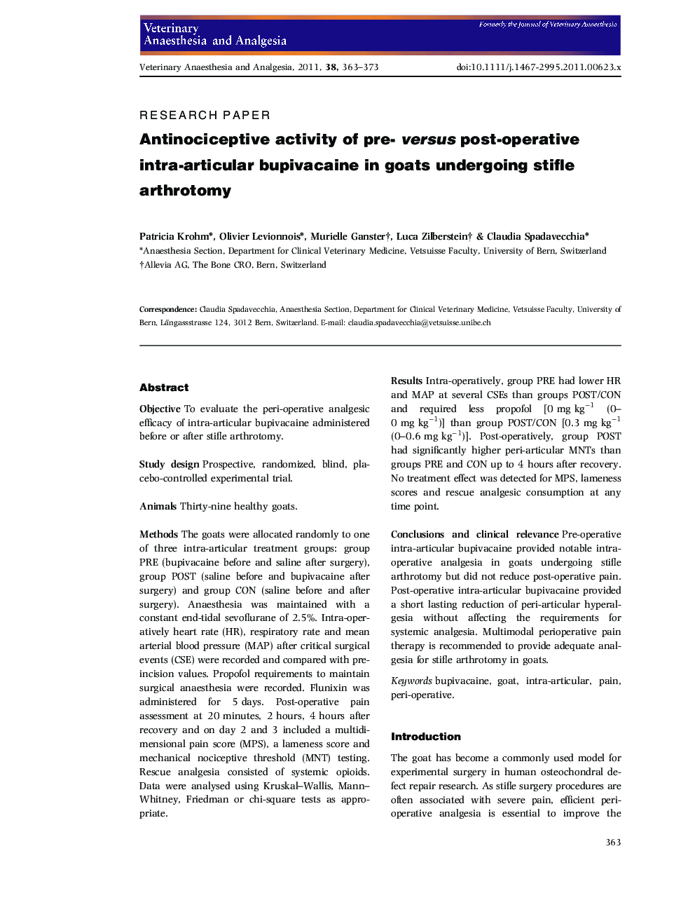 Antinociceptive activity of pre- versus post-operative intra-articular bupivacaine in goats undergoing stifle arthrotomy