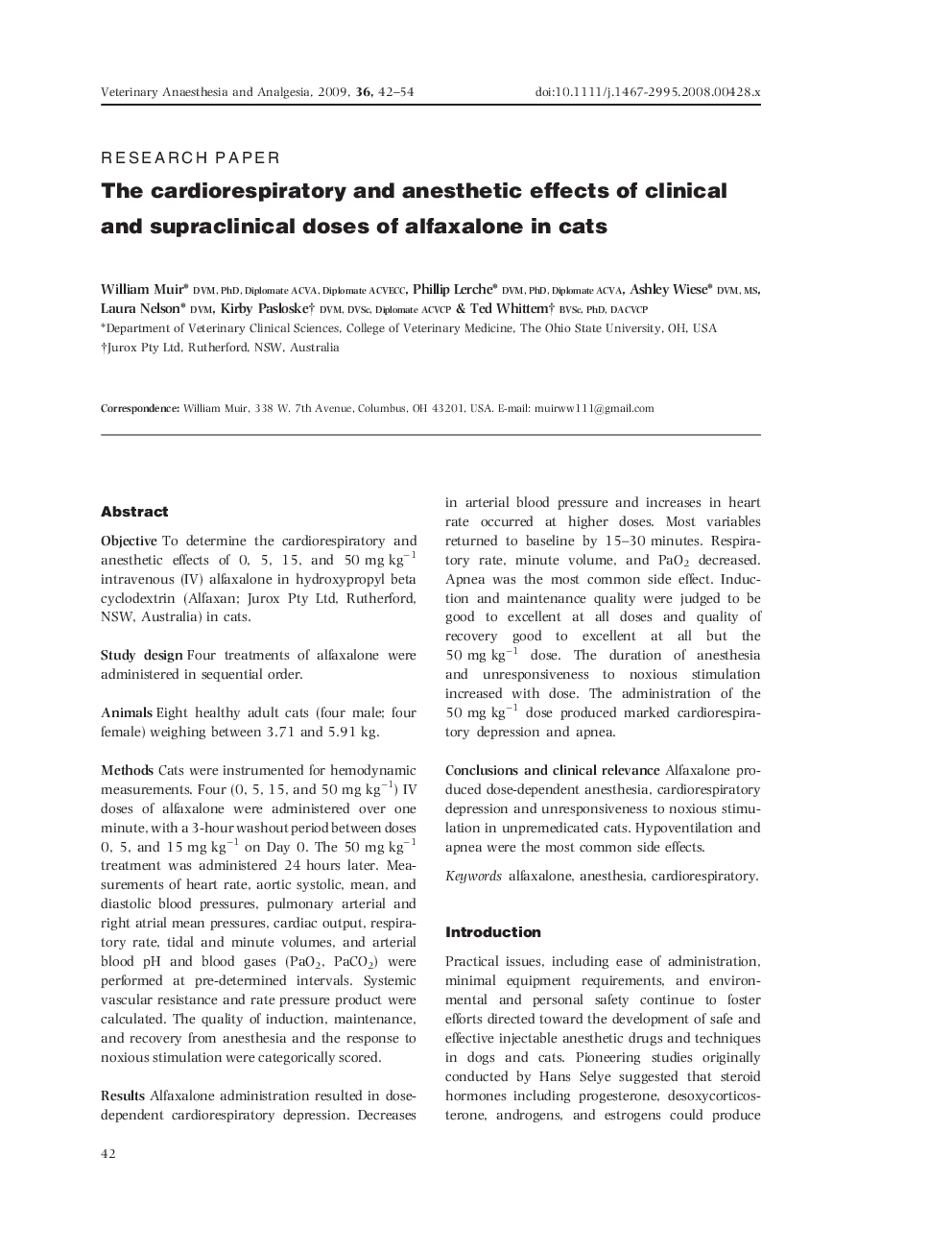 The cardiorespiratory and anesthetic effects of clinical and supraclinical doses of alfaxalone in cats