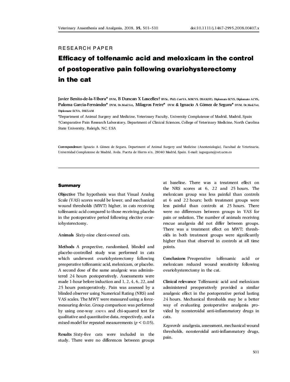 Efficacy of tolfenamic acid and meloxicam in the control of postoperative pain following ovariohysterectomy in the cat