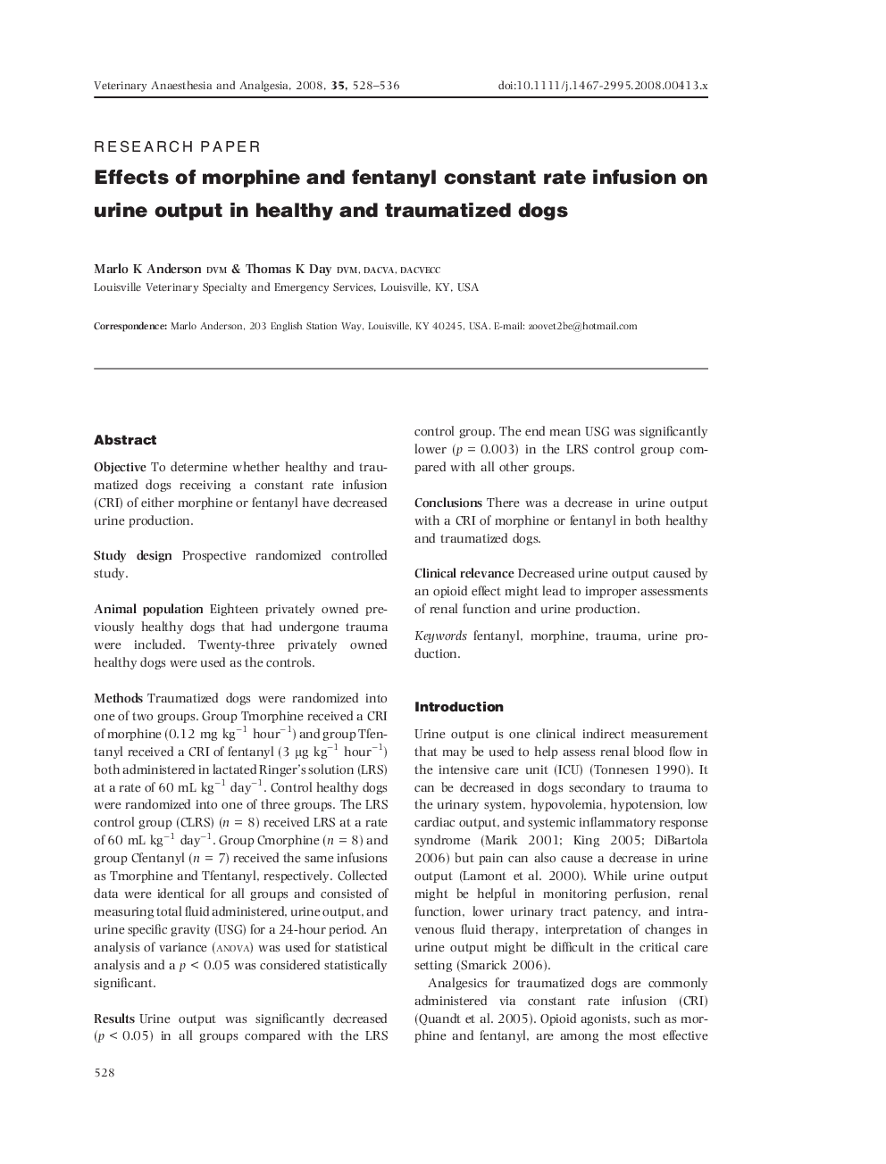 Effects of morphine and fentanyl constant rate infusion on urine output in healthy and traumatized dogs