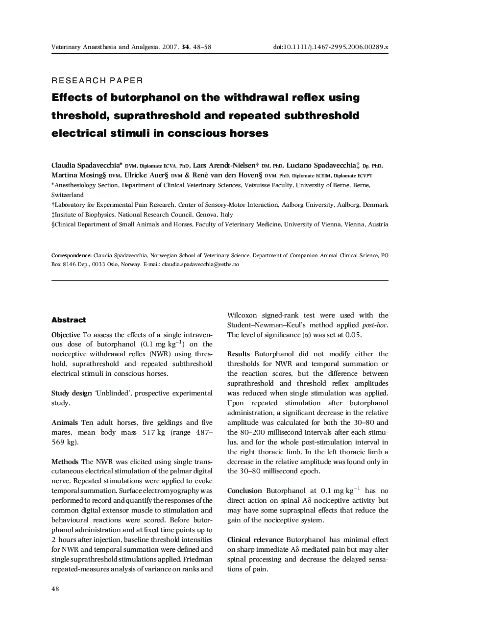 Effects of butorphanol on the withdrawal reflex using threshold, suprathreshold and repeated subthreshold electrical stimuli in conscious horses