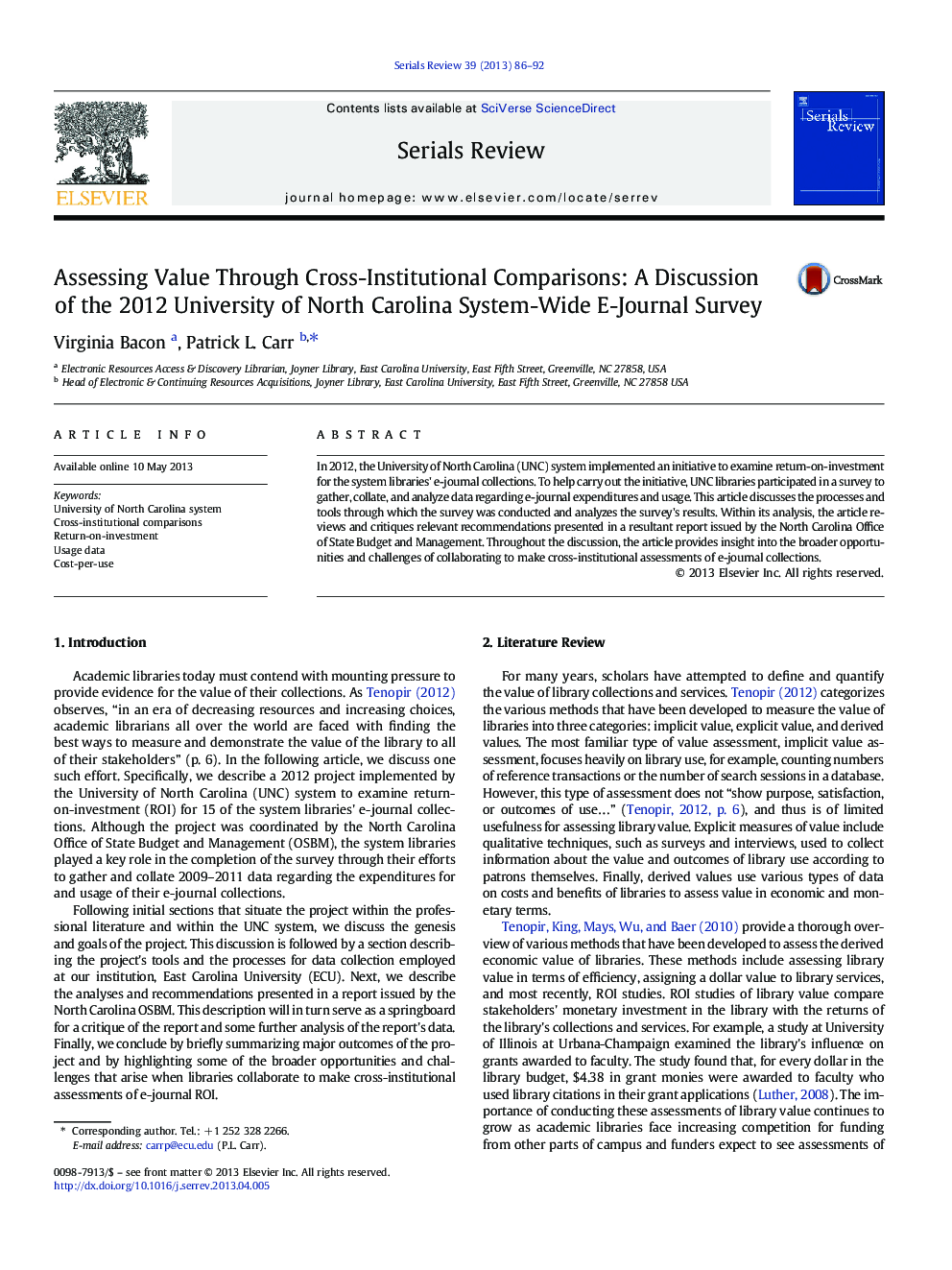 Assessing Value Through Cross-Institutional Comparisons: A Discussion of the 2012 University of North Carolina System-Wide E-Journal Survey