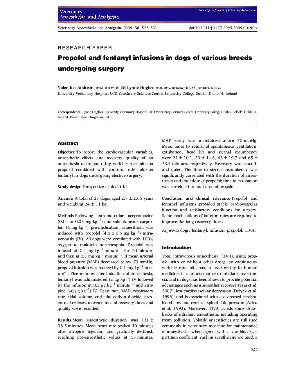 Propofol and fentanyl infusions in dogs of various breeds undergoing surgery