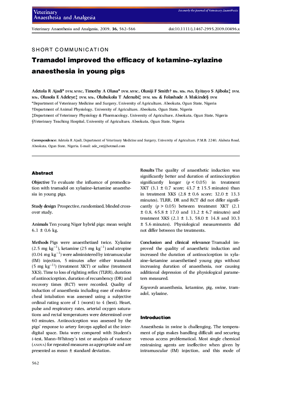 Tramadol improved the efficacy of ketamine-xylazine anaesthesia in young pigs