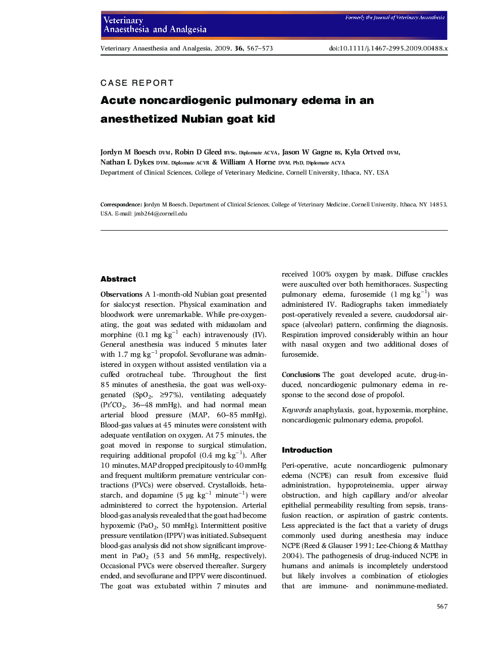 Acute noncardiogenic pulmonary edema in an anesthetized Nubian goat kid