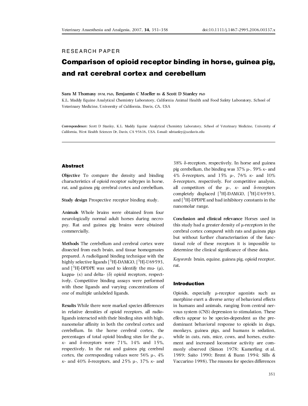 Comparison of opioid receptor binding in horse, guinea pig, and rat cerebral cortex and cerebellum