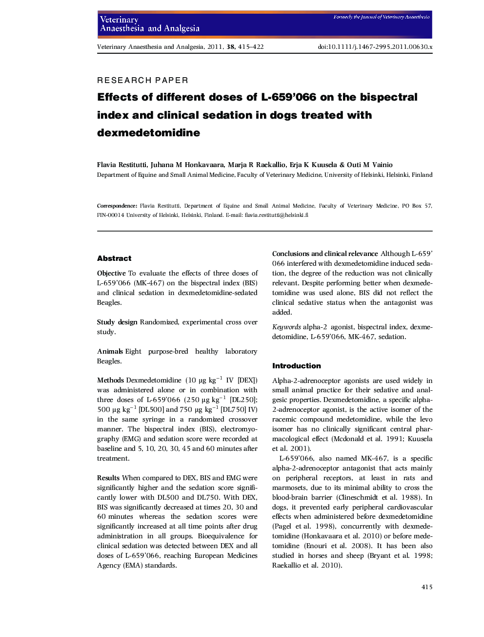 Effects of different doses of L-659'066 on the bispectral index and clinical sedation in dogs treated with dexmedetomidine