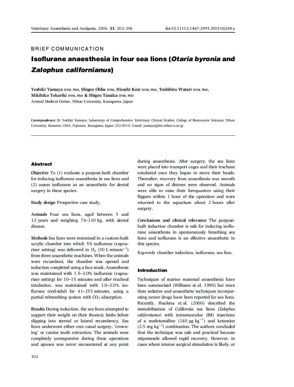 Isoflurane anaesthesia in four sea lions (Otaria byronia and Zalophus californianus)