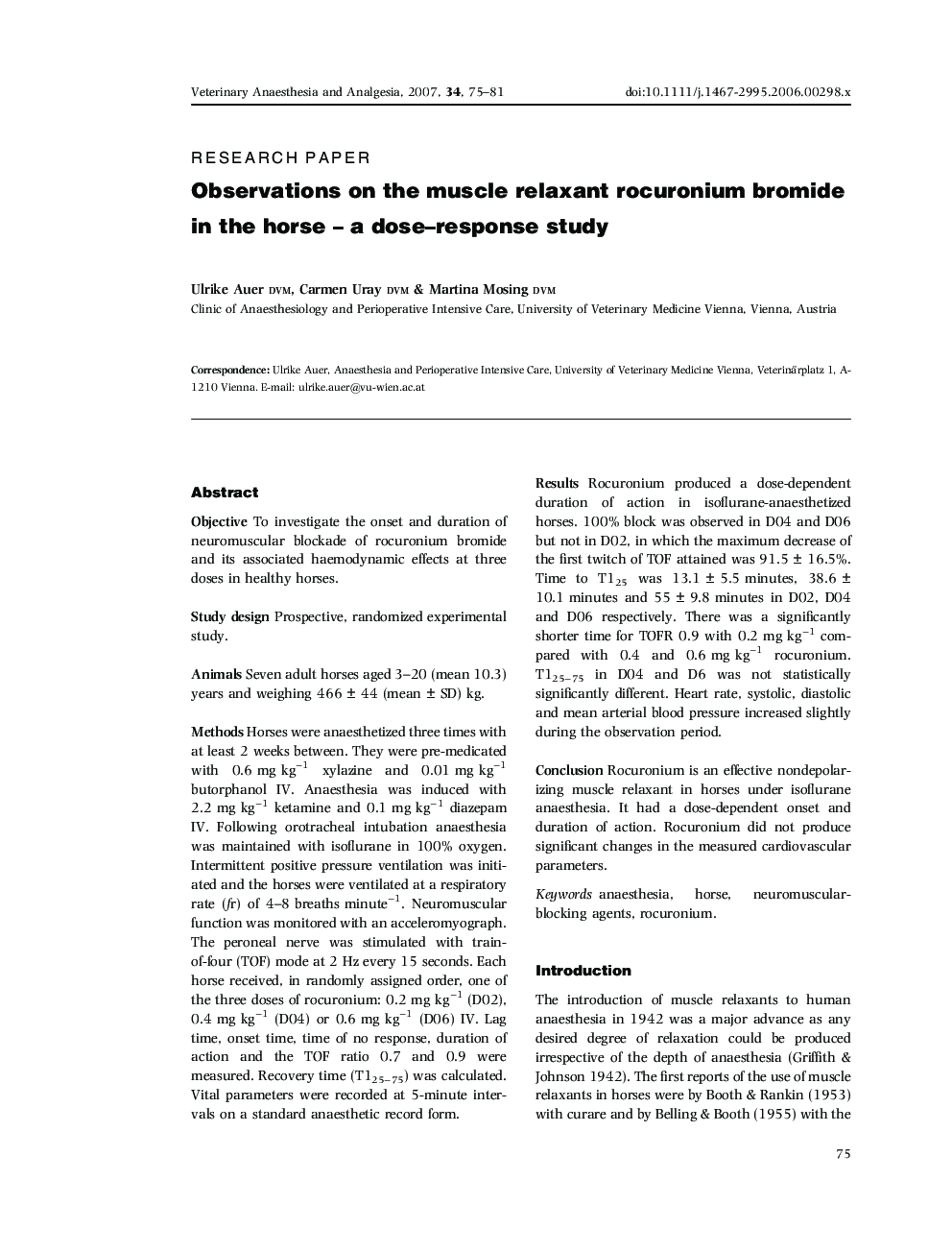 Observations on the muscle relaxant rocuronium bromide in the horse - a dose-response study