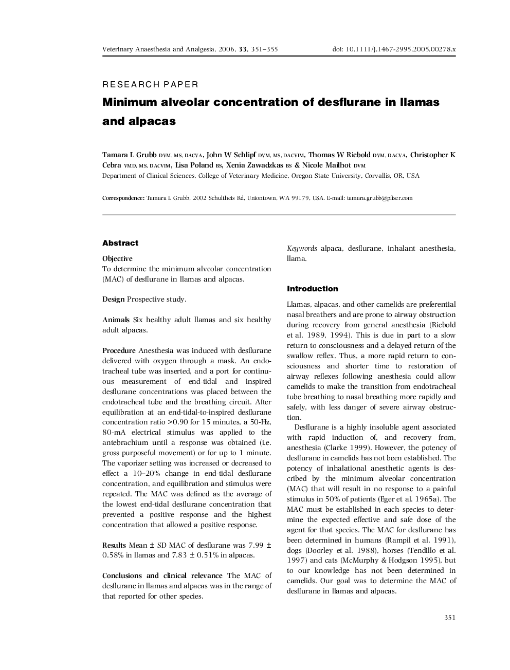 عکس صفحه اول مقاله: Minimum alveolar concentration of desflurane in llamas and alpacas Minimum alveolar concentration of desflurane in llamas and alpacas