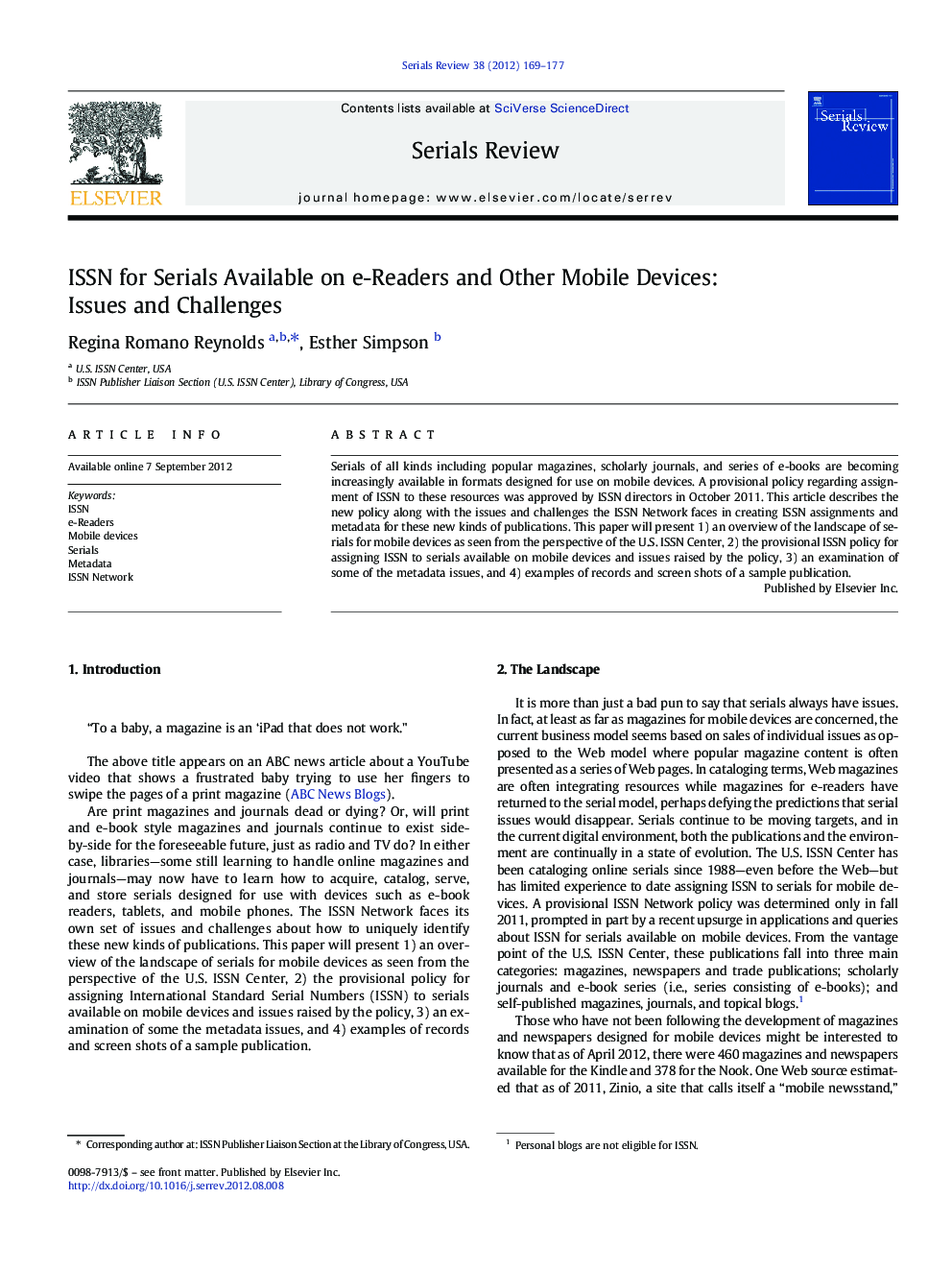 ISSN for Serials Available on e-Readers and Other Mobile Devices: Issues and Challenges