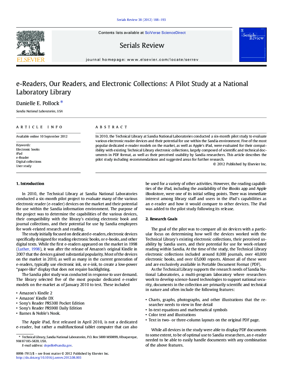 e-Readers, Our Readers, and Electronic Collections: A Pilot Study at a National Laboratory Library