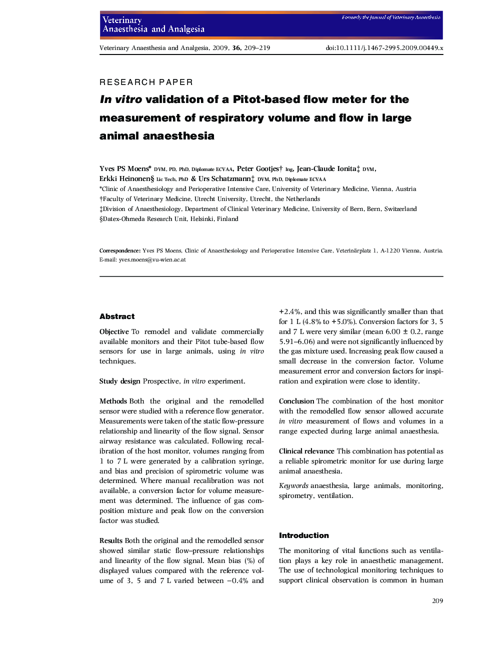 In vitro validation of a Pitotâbased flow meter for the measurement of respiratory volume and flow in large animal anaesthesia