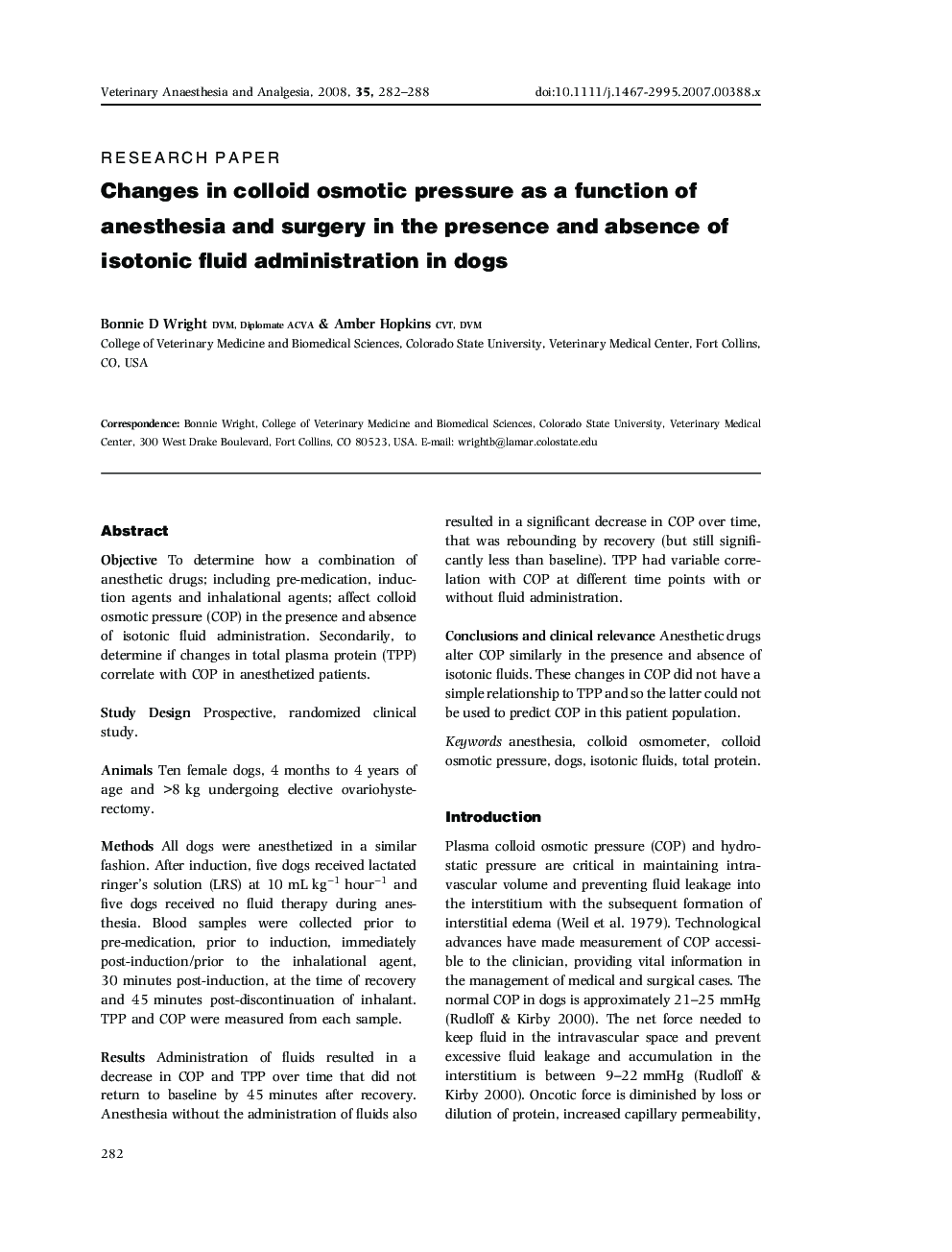 Changes in colloid osmotic pressure as a function of anesthesia and surgery in the presence and absence of isotonic fluid administration in dogs