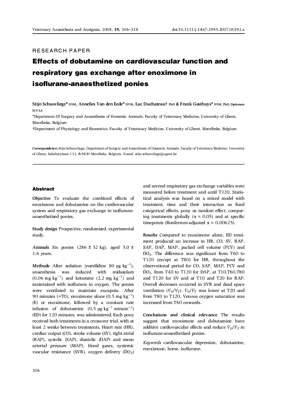 Effects of dobutamine on cardiovascular function and respiratory gas exchange after enoximone in isoflurane-anaesthetized ponies