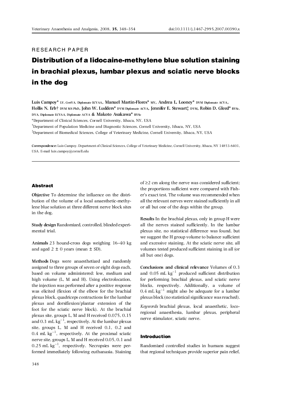 Distribution of a lidocaine-methylene blue solution staining in brachial plexus, lumbar plexus and sciatic nerve blocks in the dog