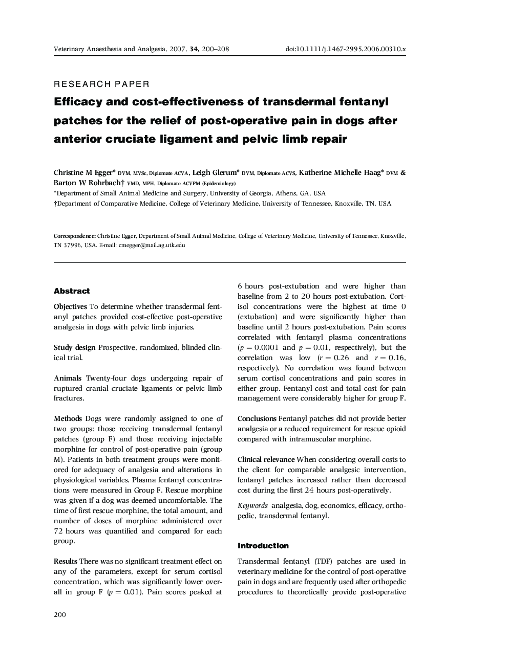 Efficacy and cost-effectiveness of transdermal fentanyl patches for the relief of post-operative pain in dogs after anterior cruciate ligament and pelvic limb repair