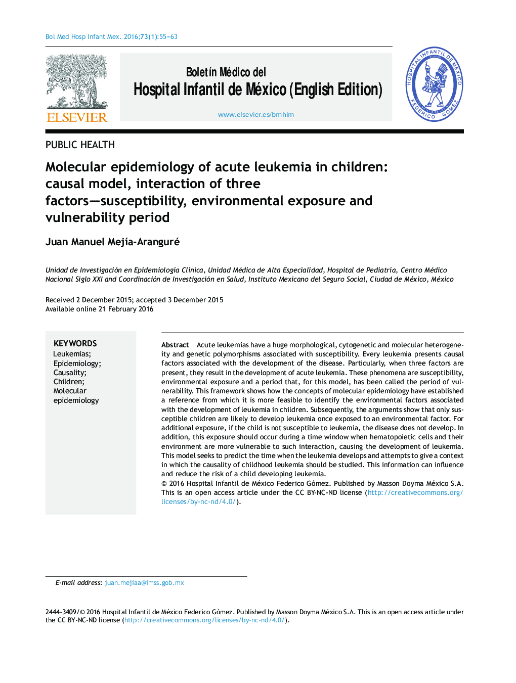 اپیدمیولوژی مولکولی لوسمی حاد در کودکان: مدل علیت، تعامل سه عامل حساس، محیط زیست و دوره آسیب پذیری 